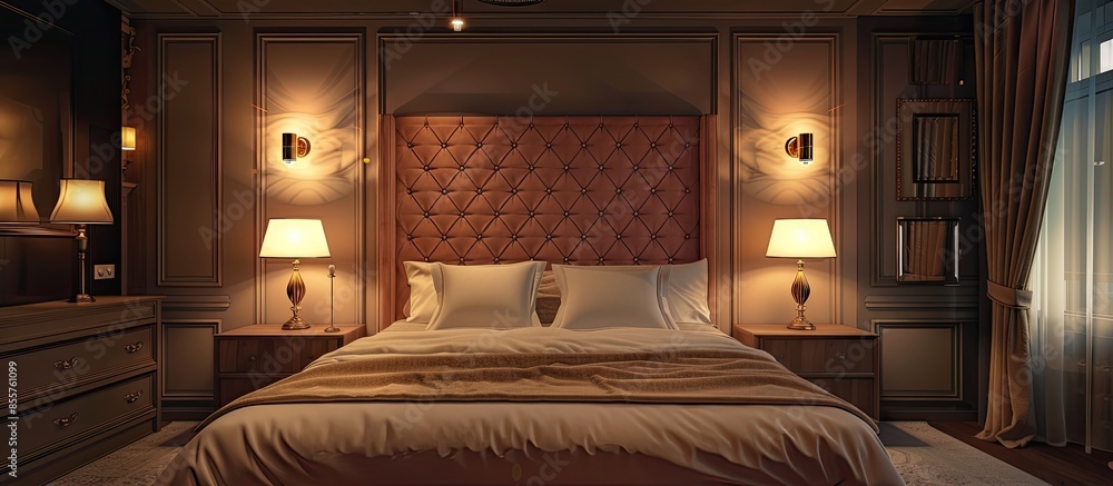 Poster luxury hotel bed room for two. with copy space image. place for adding text or design