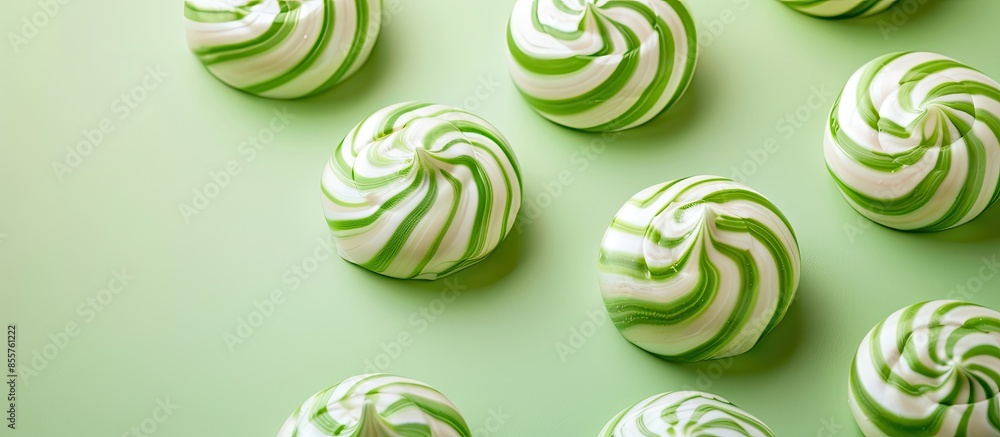 Aufkleber Green swirl peppermint candies over pastel background. with copy space image. Place for adding text or design