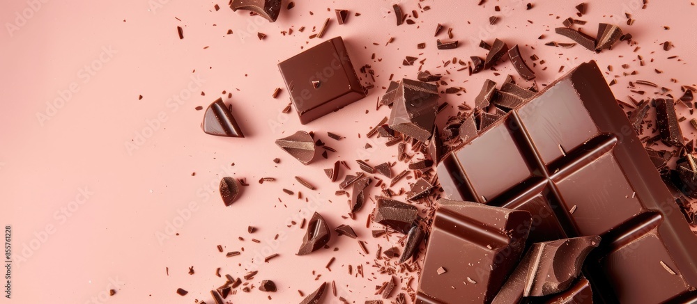 Fototapete Broken chocolate bar isolated. Milk chocolate square pieces, cubes, small bloks pile, choco segments stack on pastel background top view. with copy space image. Place for adding text or design