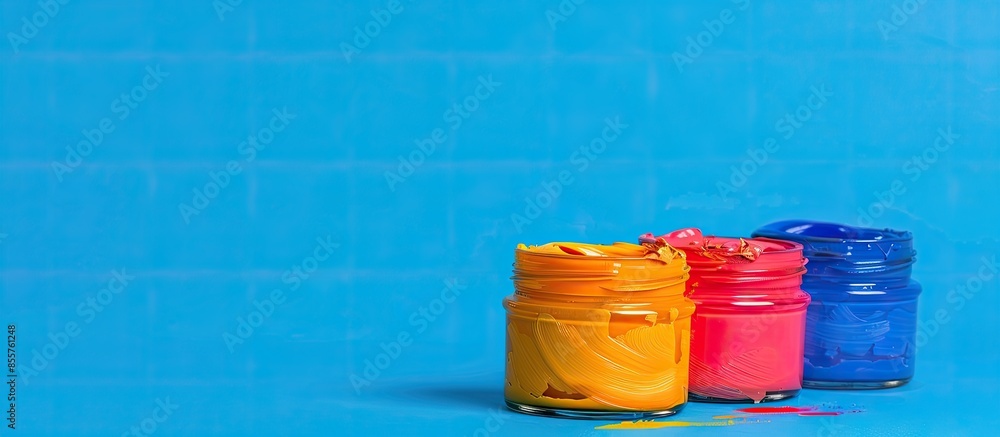 Aufkleber Multicolored gouache on an blue background. A set of gouache paint cups or in jars for creating art. Be colorful concept. . with copy space image. Place for adding text or design