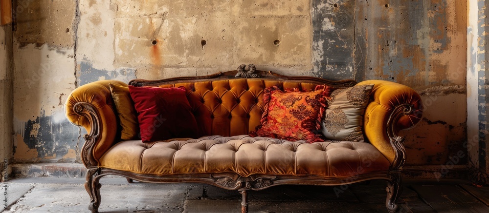 Poster Old fashioned sofa with retro pillows. with copy space image. Place for adding text or design