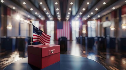 A red ballot box with a small American flag stands on a blue table in a voting center. Generative AI