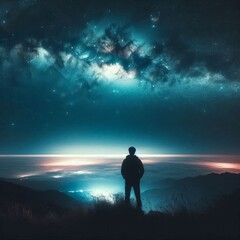 Obraz premium A man stands on a hill overlooking a city at night