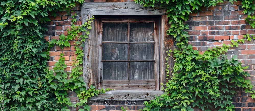 Poster an old wooden window in a brick wall, overgrown with a green plant. with copy space image. place for