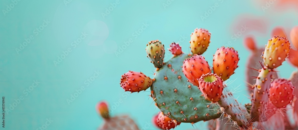 Poster prickly pear cactus with five fruits on it pastel background. with copy space image. place for addin