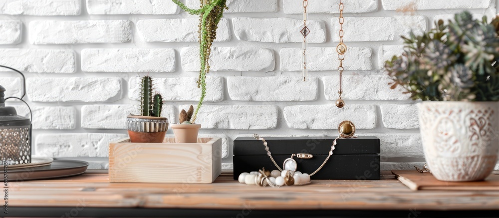 Poster stand and box with stylish jewelry on table near white brick wall. with copy space image. place for 