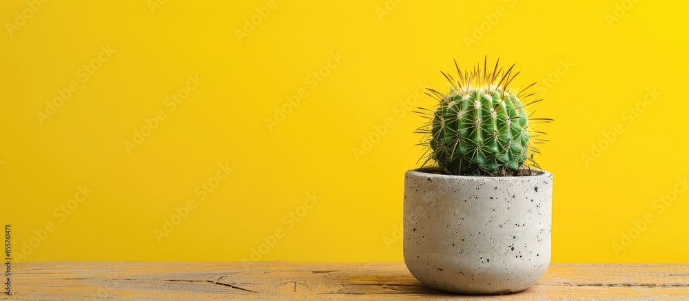 Poster A small cactus in cement pot on wooden and yellow background. with copy space image. Place for adding text or design