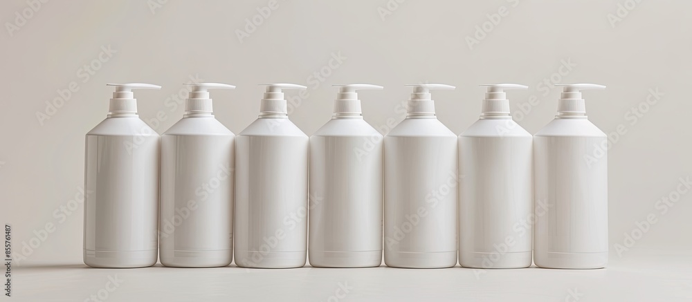 Poster Six white plastic bottles with shampoo and conditioner and shower gel on a white background. with copy space image. Place for adding text or design
