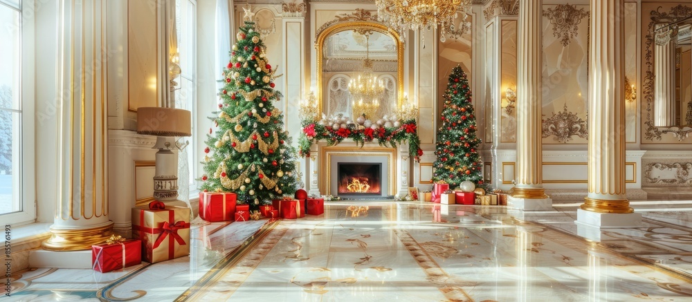 Aufkleber christmas morning. classic luxurious apartments with decorated christmas tree and presents. living w