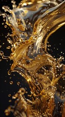 A splash of gold liquid with bubbles and droplets. The liquid is flowing and splashing, creating a sense of movement and energy. The image conveys a feeling of excitement and liveliness