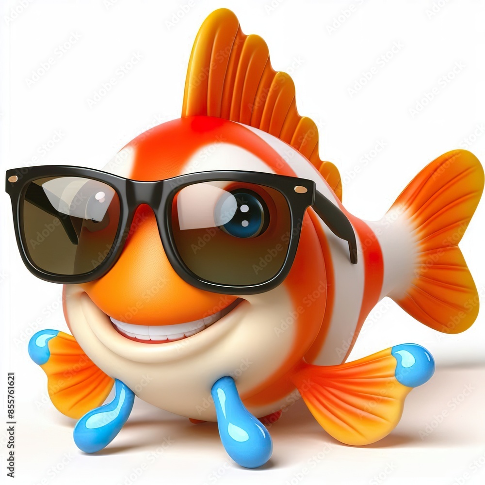 Wall mural 3D cartoon of a Happy Koi fish wearing sunglasses isolated white background