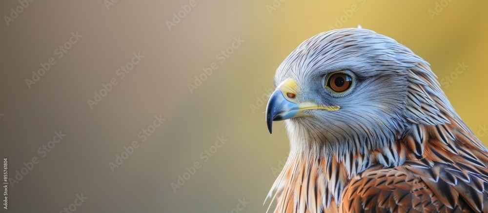 Poster red kite head closeup (milvus milvus) pastel background. with copy space image. place for adding tex