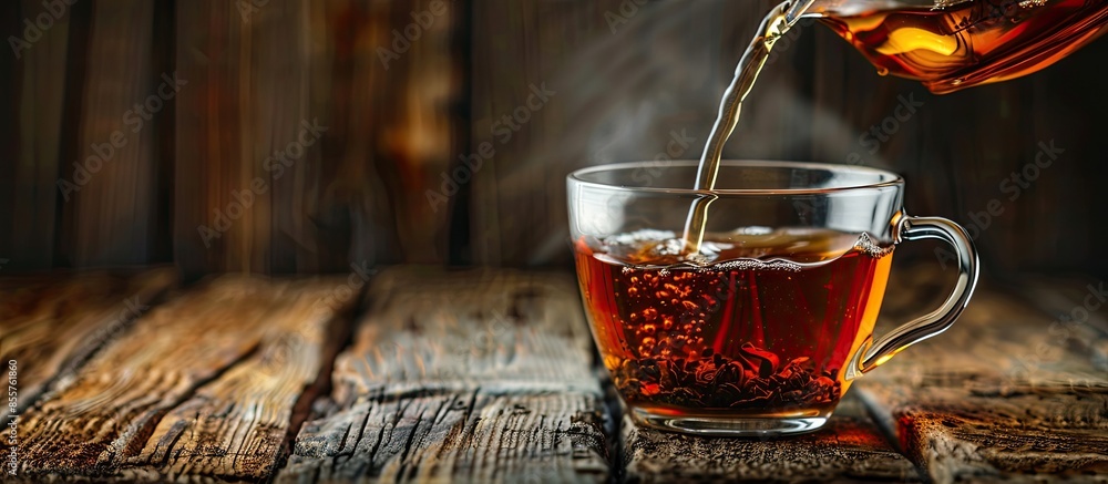 Poster pouring black tea into glass cup on wooden table. with copy space image. place for adding text or de