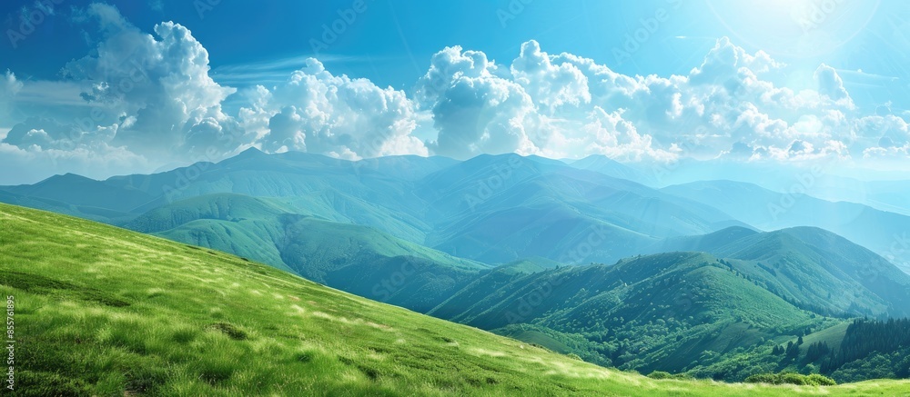 Poster summer mountains green grass and blue sky landscape. with copy space image. place for adding text or
