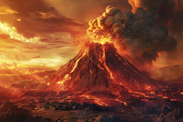 Fototapeta premium Generative ai on theme of erupting volcano with cascading hot lava surrounded thick white smoke