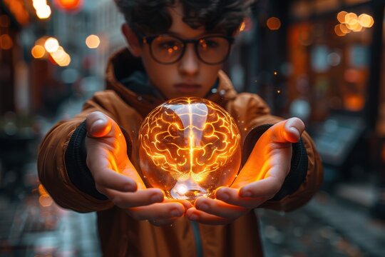 A child boy with a glowing brain, visualizing a new idea and creativity