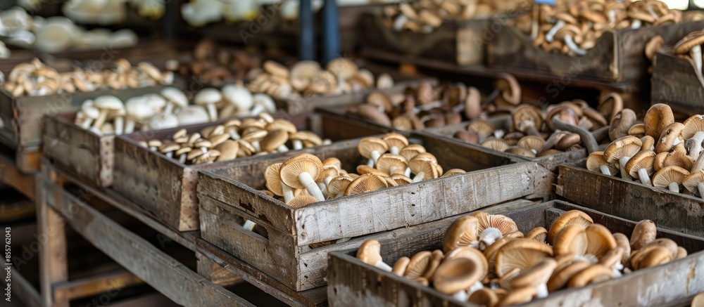 Aufkleber A mushroom factory in Thanh Hoa province, Viet Nam. Copy space image. Place for adding text or design