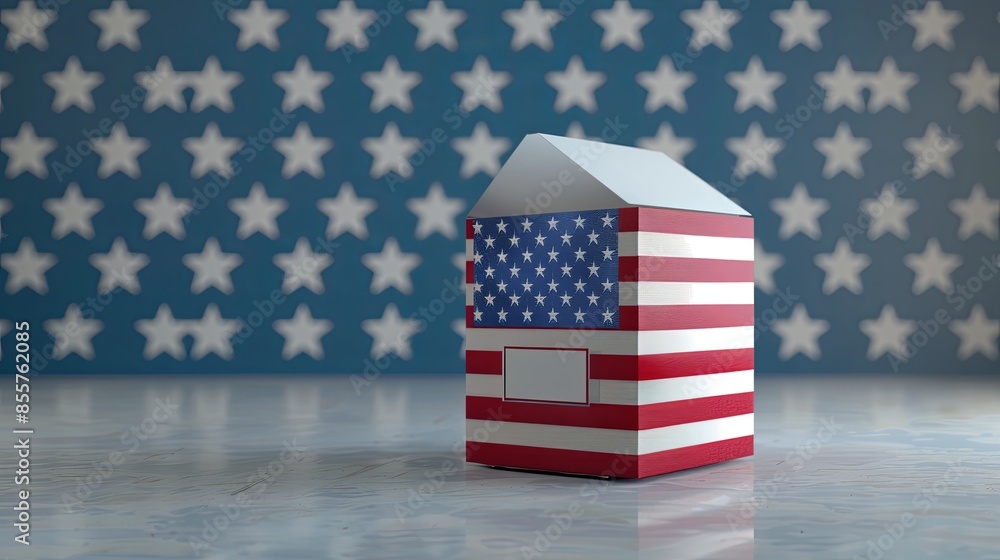 Poster a small house model, constructed using the american flags colors and pattern, sits in front of a blu