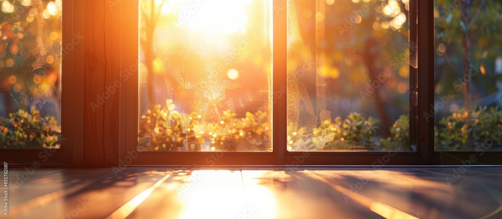Poster Glass window of the front door with sun glare on the glass. with copy space image. Place for adding text or design