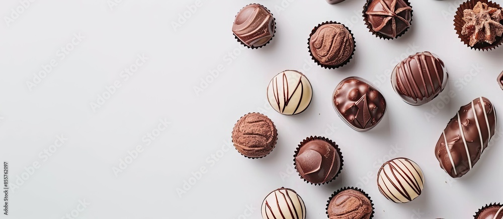 Poster chocolate sweets isolated on a white pastel background. with copy space image. place for adding text