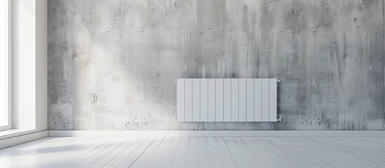 White modern aluminum radiator battery for hot water heating, on background of a wall in the interior of an apartment or office space. with copy space image. Place for adding text or design