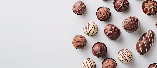 Chocolate sweets isolated on a white pastel background. with copy space image. Place for adding text or design