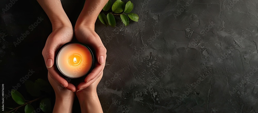 Poster female hands holding scented candle, top view. space for next. with copy space image. place for addi