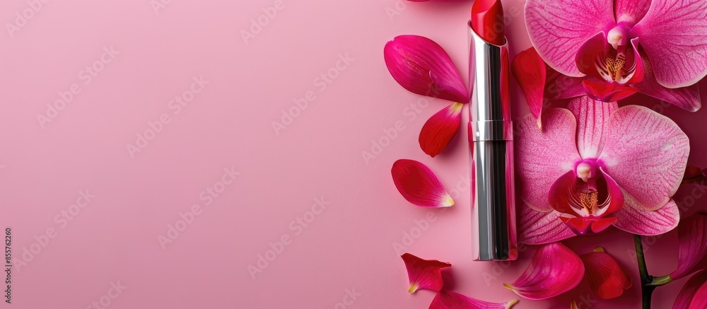 Poster Orchid flower and lipstick pastel background Flower. with copy space image. Place for adding text or design