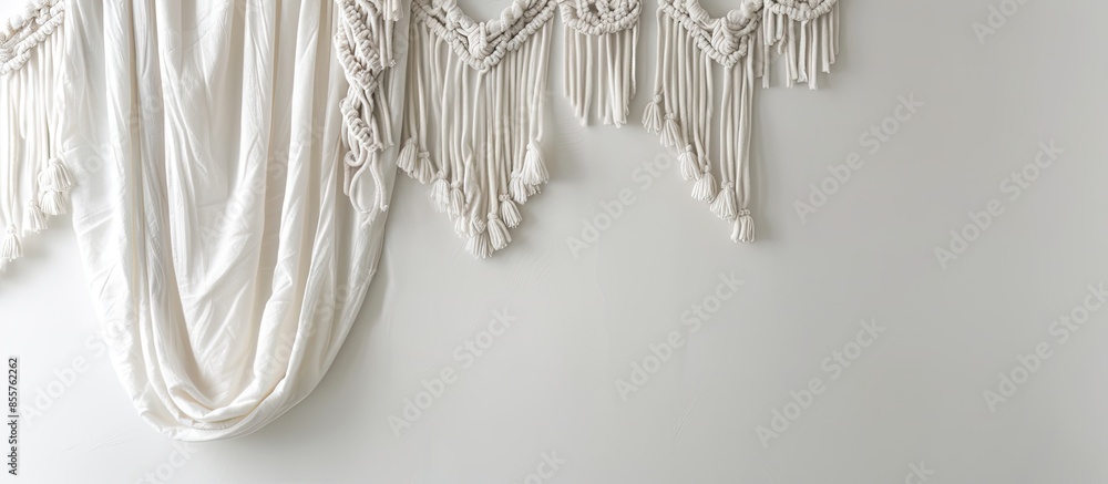 Poster macrame curtains on work table cloth. with copy space image. Place for adding text or design