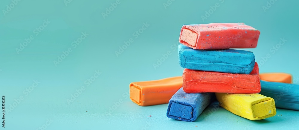 Aufkleber Pile of colored plasticine bricks. Isolated on pastel background with clipping path. with copy space image. Place for adding text or design