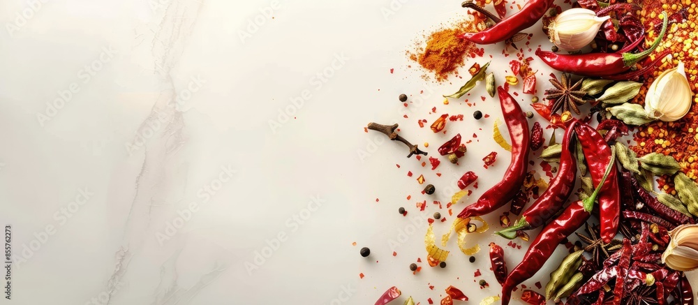 Poster Various dried Indian spices and chilies . with copy space image. Place for adding text or design