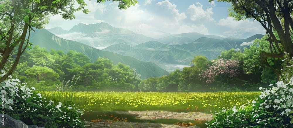 Poster Beautiful garden backdrop with mountains and forests. with copy space image. Place for adding text or design