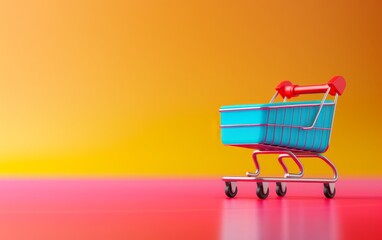 blue shopping cart on vibrant gradient background.
