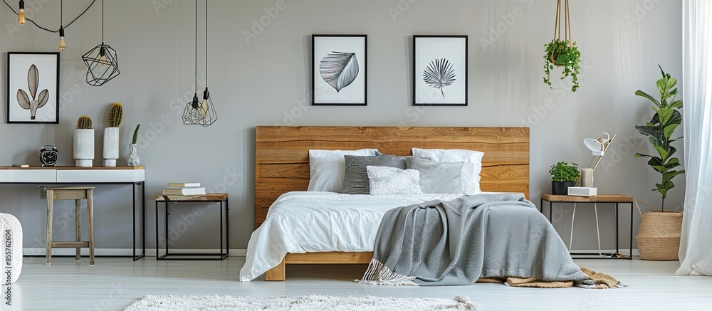 Aufkleber Functional interior with large bed, table, and DIY regale. with copy space image. Place for adding text or design