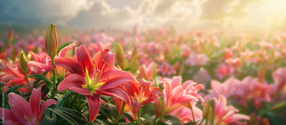 Leinwandbilder field with dozens of arranged and open pink red lilies (lilium) pastel background. with copy space i
