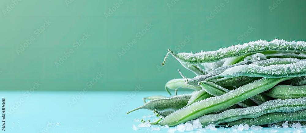 Poster group of frozen french beans isolated over pastel background. with copy space image. place for addin