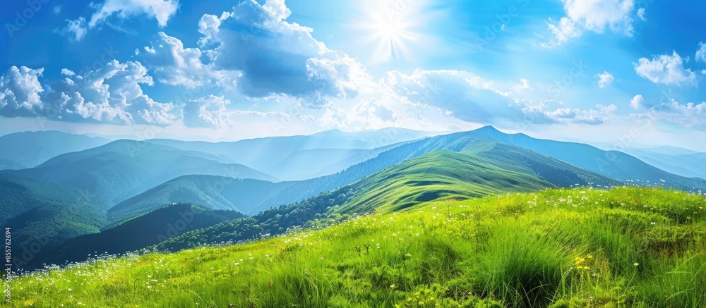 Poster summer mountains green grass and blue sky landscape. with copy space image. place for adding text or