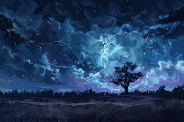 Fototapeta premium Generative ai on theme of scary bright electric lightning bolt with branches in the night dark sky