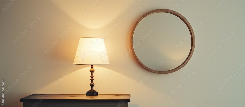 Poster mirror and lamps on a light white wall. with copy space image. place for adding text or design