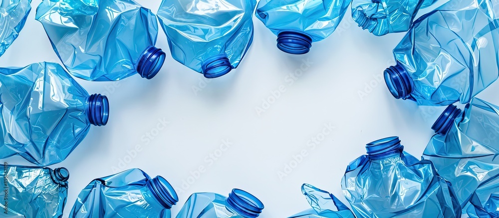 Aufkleber Crumpled blue plastic PET bottles lie in a circle with their necks in the center on a white background, in the middle there is an empty space. Square image format. with copy space image