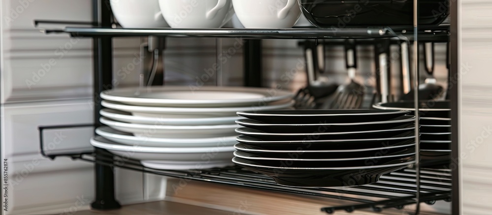 Poster Shelf for tableware drying in a modern kitchen. Black and white plates and cups on metal rack inside kitchen cupboard. with copy space image. Place for adding text or design