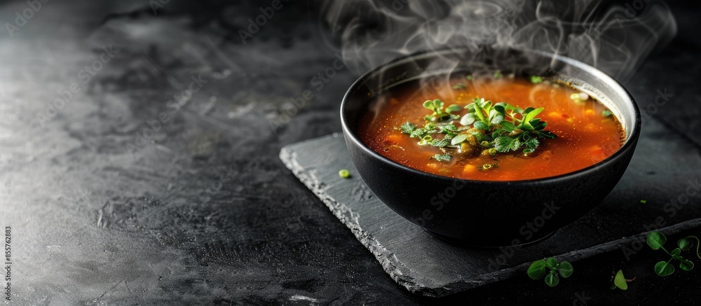 Poster bowl of hot soup on black background. copy space image. place for adding text or design