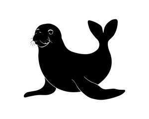 Black silhouette cute seal cartoon animal design flat vector illustration isolated on white background