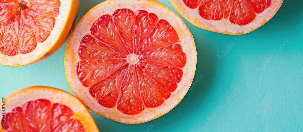 Aufkleber Slices of juicy grapefruit on pastel background  Food. with copy space image. Place for adding text or design