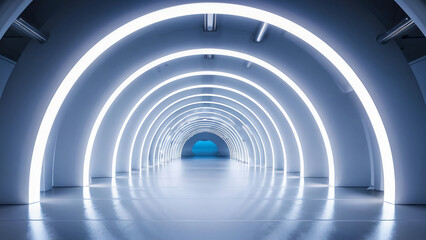 Obraz premium White background 3D room light abstract space technology tunnel stage floor. Empty white future 3D neon background studio futuristic corridor render modern interior silver road black wall design gray