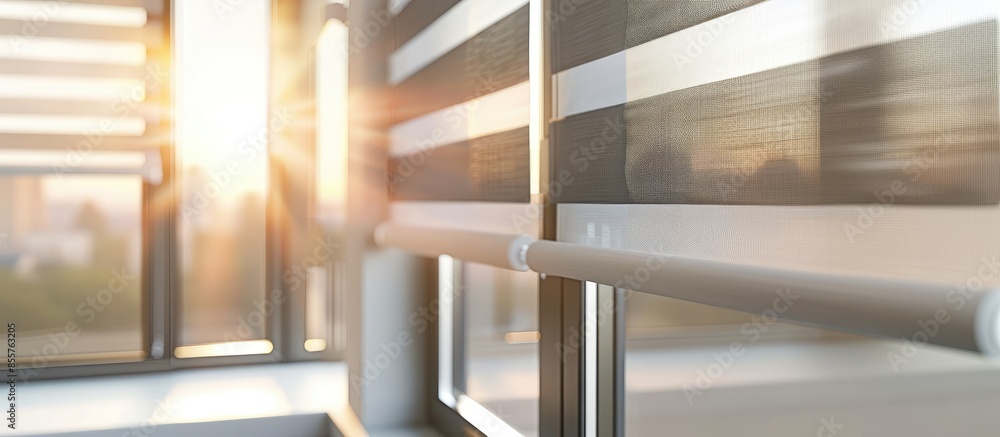 Poster Window roller duo system day and night. Close up on roll curtains indoor. with copy space image. Place for adding text or design