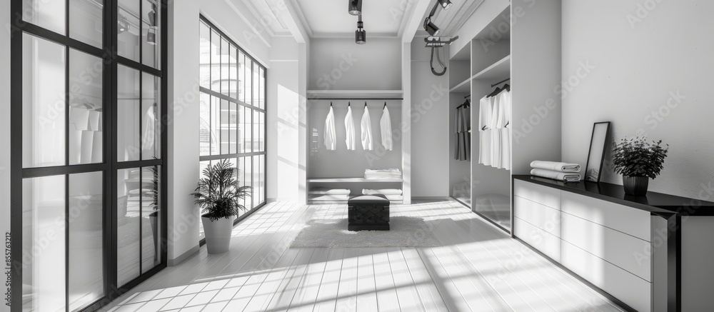 Poster fitting room in a modern interior. black and white photography. with copy space image. Place for adding text or design