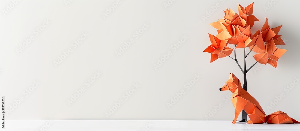 Poster Handmade cardboard fox near tree on white background. with copy space image. Place for adding text or design