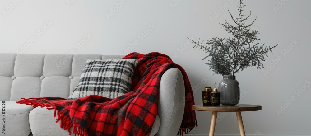 Poster warm red plaid on a gray sofa, a white wall background. with copy space image. place for adding text