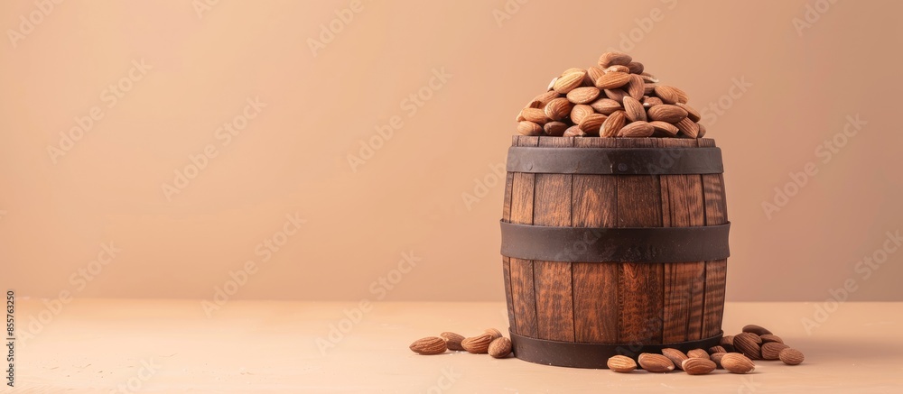 Leinwandbilder wooden cask of almonds isolated on pastel background. with copy space image. place for adding text o